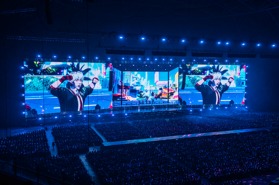 Virtual boy band Plave performs during its encore concerts, the finale of its “Dash: Quantum Leap″ tour, held on Nov. 21 and 22 at Gocheok Sky Dome in western Seoul. [VLAST]