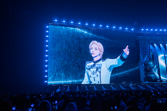 Virtual boy band Plave performs during its encore concerts, the finale of its “Dash: Quantum Leap″ tour, held on Nov. 21 and 22 at Gocheok Sky Dome in western Seoul. [VLAST]