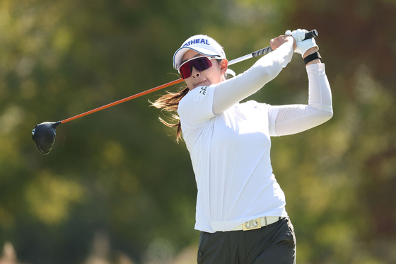 Kim A-lim plays her shot from the third tee during the third round of the CME Group Tour Championship 2025 at Tiburon Golf Club on Nov. 22 in Naples, Florida. [AFP/YONHAP]