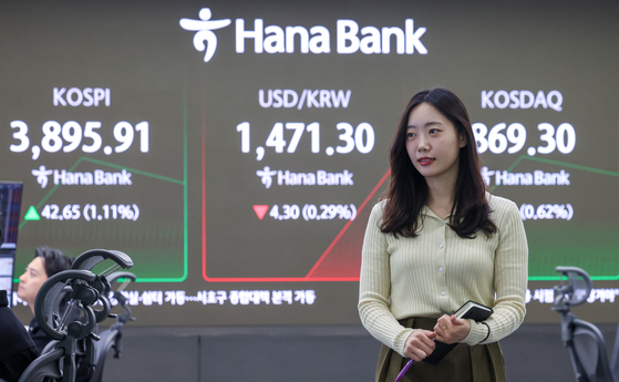 At Hana Bank’s headquarters in central Seoul, an electronic board in the dealing room displays the Kospi and Kosdaq indexes and the dollar-won exchange rate after the market opens on Nov. 24. [NEWS1]