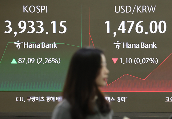 A screen in Hana Bank's trading room in central Seoul shows the Kospi opening on Nov. 25. [YONHAP] 