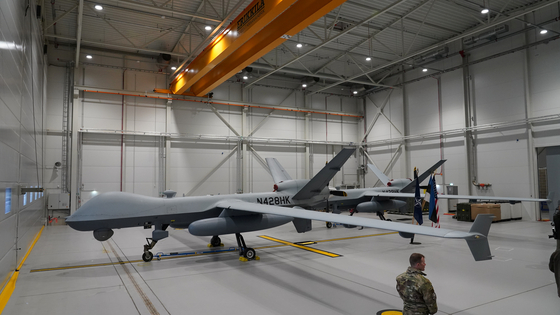 A U.S. Air Force MQ-9 Reaper drone sits in a hanger at Amari Air Base, Estonia, July 1, 2020. [REUTERS/YONHAP]