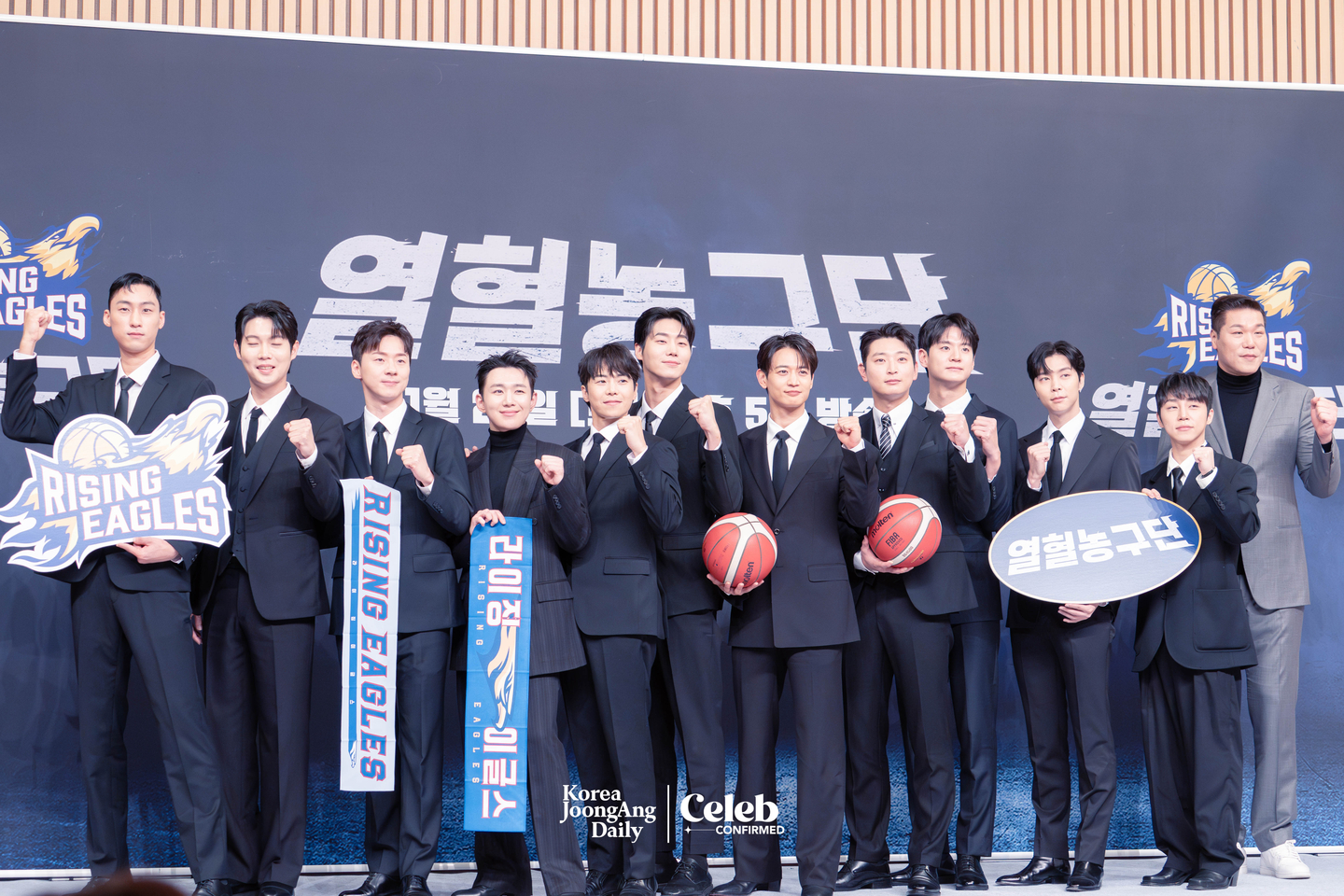 The cast of the sports reality show “Rising Eagles” poses for photos during a press conference on Nov. 26 at SBS Hall in western Seoul. [DANIELA GONZALEZ PEREZ]
