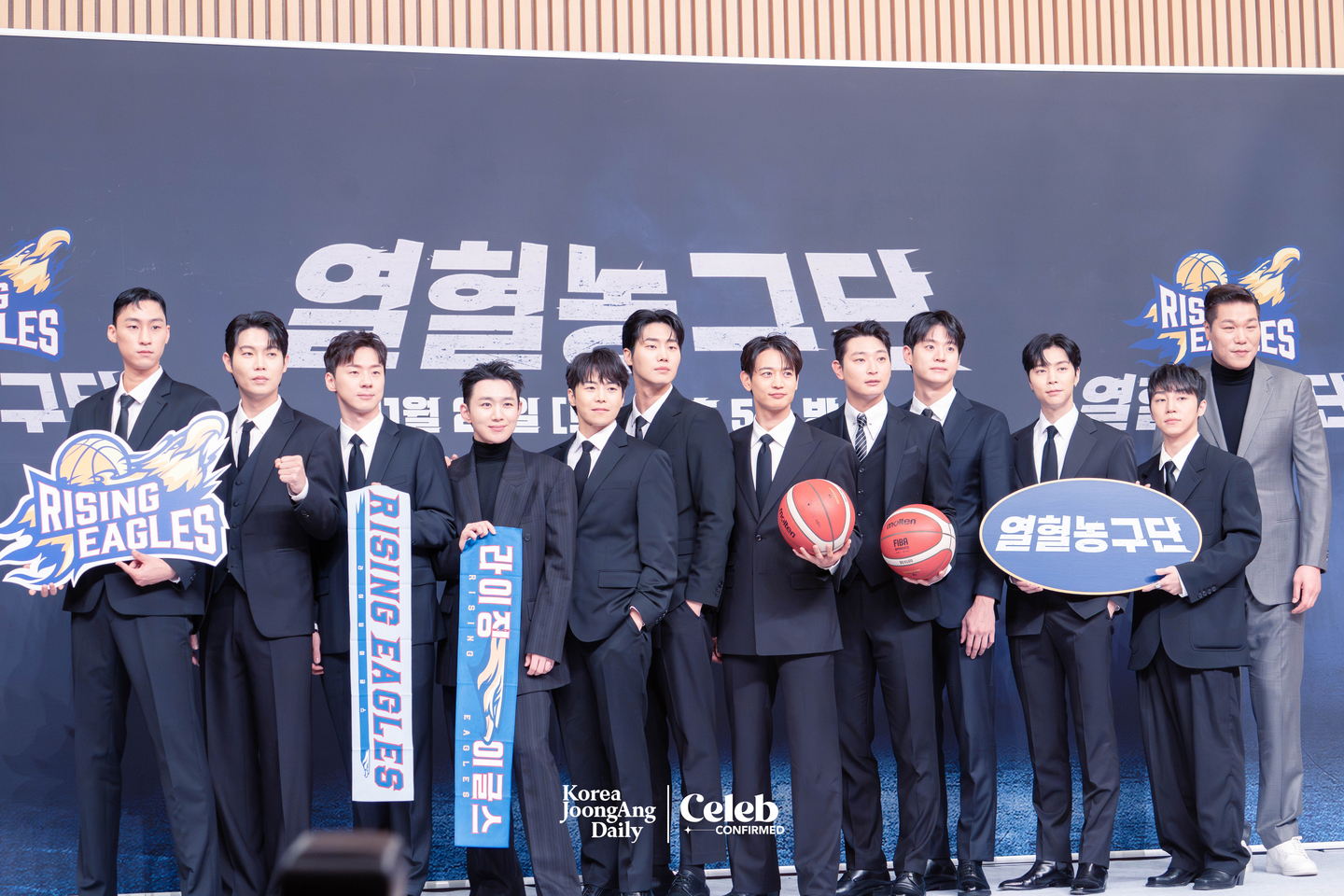 The cast of the sports reality show “Rising Eagles” poses for photos during a press conference on Nov. 26 at SBS Hall in western Seoul. [DANIELA GONZALEZ PEREZ]