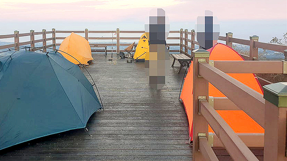 A photo posted on the Jeju Special Self-Governing Province Government’s website shows people camping at the summit of Nokkoeme Oreum in Jeju [JEJU SPECIAL SELF-GOVERNING PROVINCE]