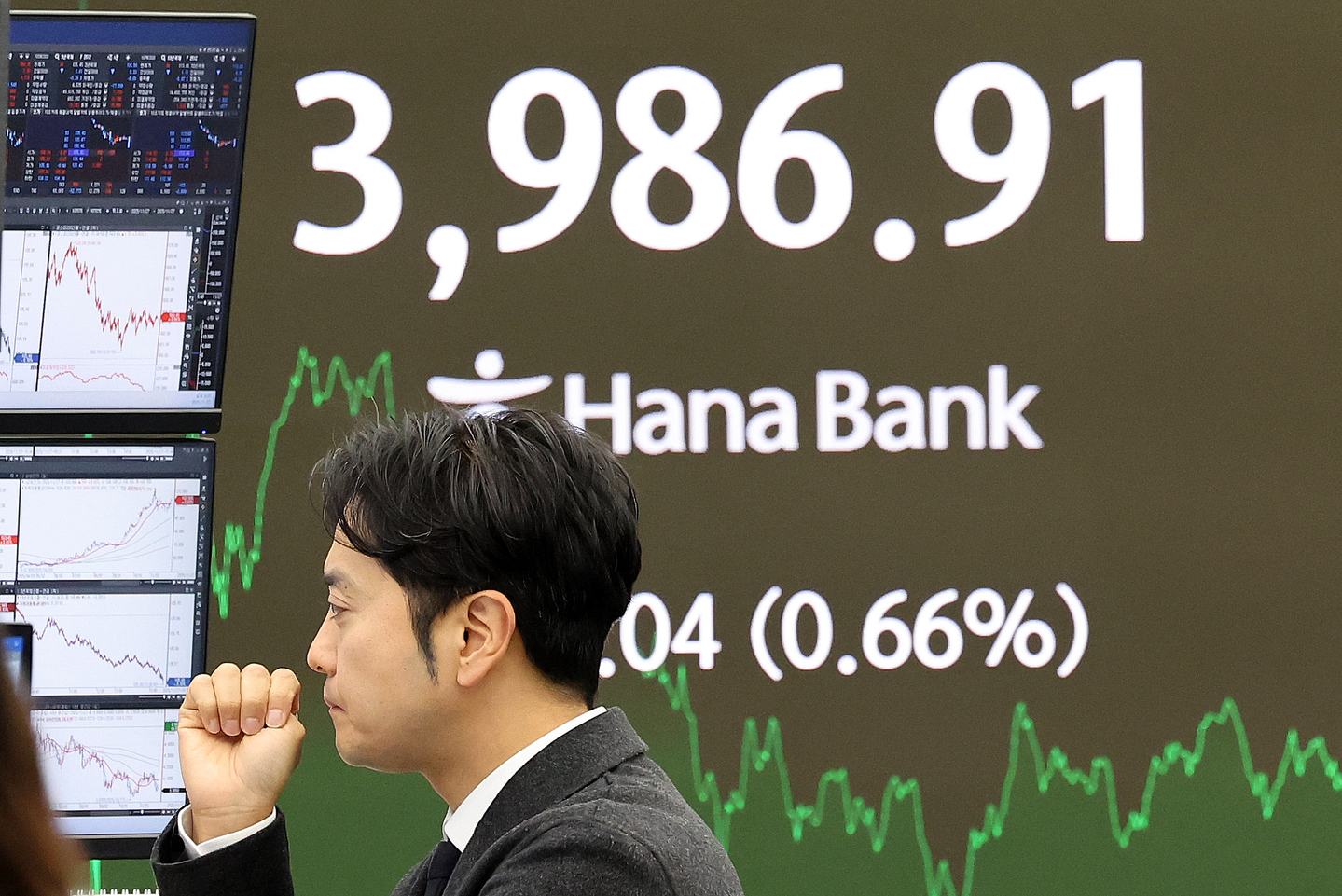 A screen in Hana Bank's trading room in central Seoul shows the Kospi closing at 3986.91 points on Nov. 27, up 26.04 points, or 0.66 percent, from the previous trading session. [NEWS1] 