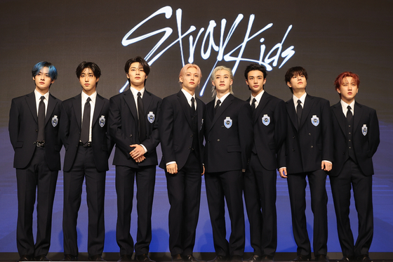 Stray Kids members pose at a press conference at Conrad Seoul in western Seoul on Aug. 22. [YONHAP] 