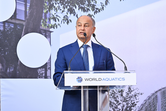 Husain Al-Musallam, president of World Aquatics, delivers his speech during the cornerstone laying of the World Aquatics' new headquarters in Budapest, Hungary, on Oct. 7. [EPA/YONHAP]