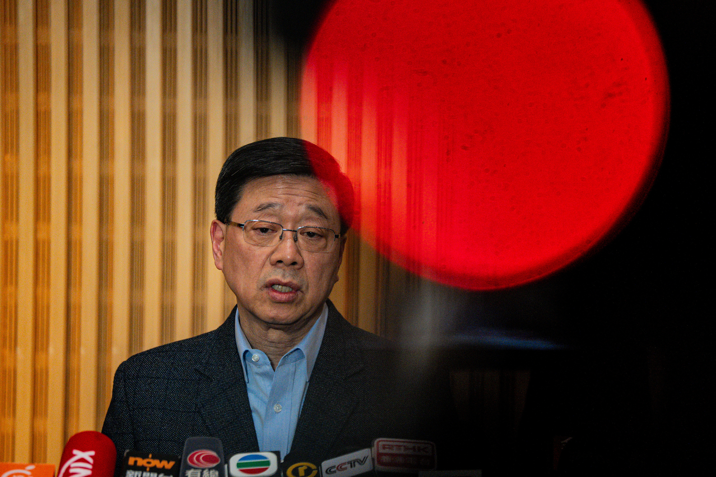 Chief Executive John Lee speaks at a press conference at government headquarters in Hong Kong on Nov. 27. During the press conference, he discussed recently formulated initiatives designed to help residents affected by the fire to recover in the aftermath of the Tai Po fire, which started on Nov. 26 and claimed dozens of lives and leaves hundreds feared missing. [EPA/YONHAP]