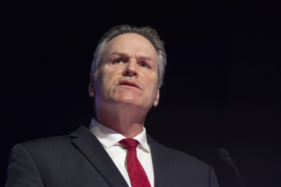 Alaska Gov. Mike Dunleavy speaks during the annual Alaska Sustainable Energy Conference on June 3 in Anchorage, Alaska. [AP/YONHAP]
