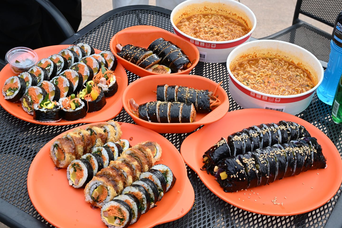 Plates of various gimbap (seaweed rice rolls) are showcased at the Gimcheon Gimbap Festival in Gimcheon, in North Gyeongsang. [GIMCHEON CITY GOVERNMENT]