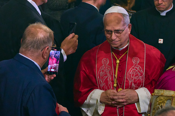 Pope Leo XIV leaves at the end of the Doxology in the Patriarchal Church of Saint George in Istanbul, Turkey on Nov. 29. [AP/YONHAP] 