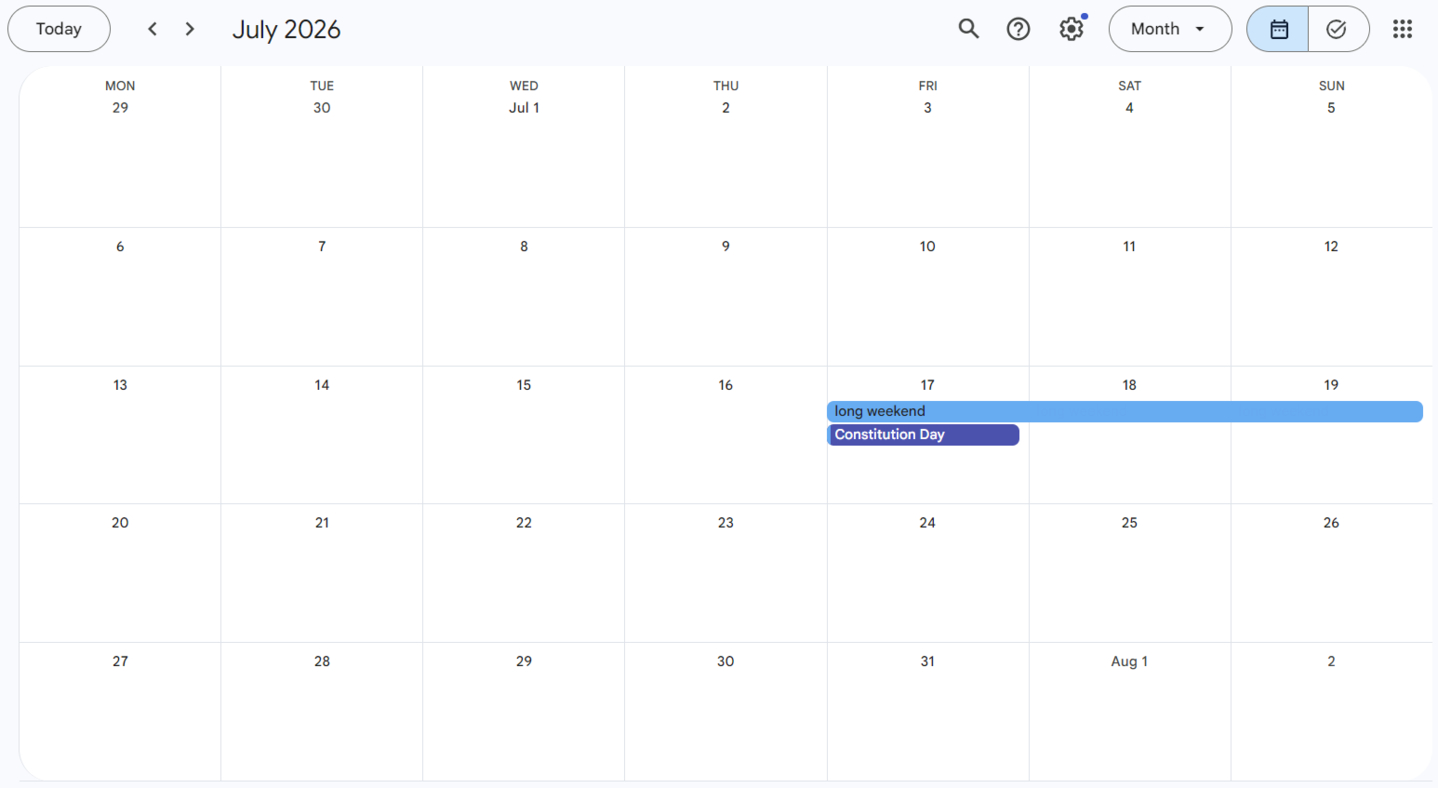 A Google caldendar image shows the month of July in 2026 with Constitution Day on July 17 extending into a long weekend [SCREEN CAPTURE]
