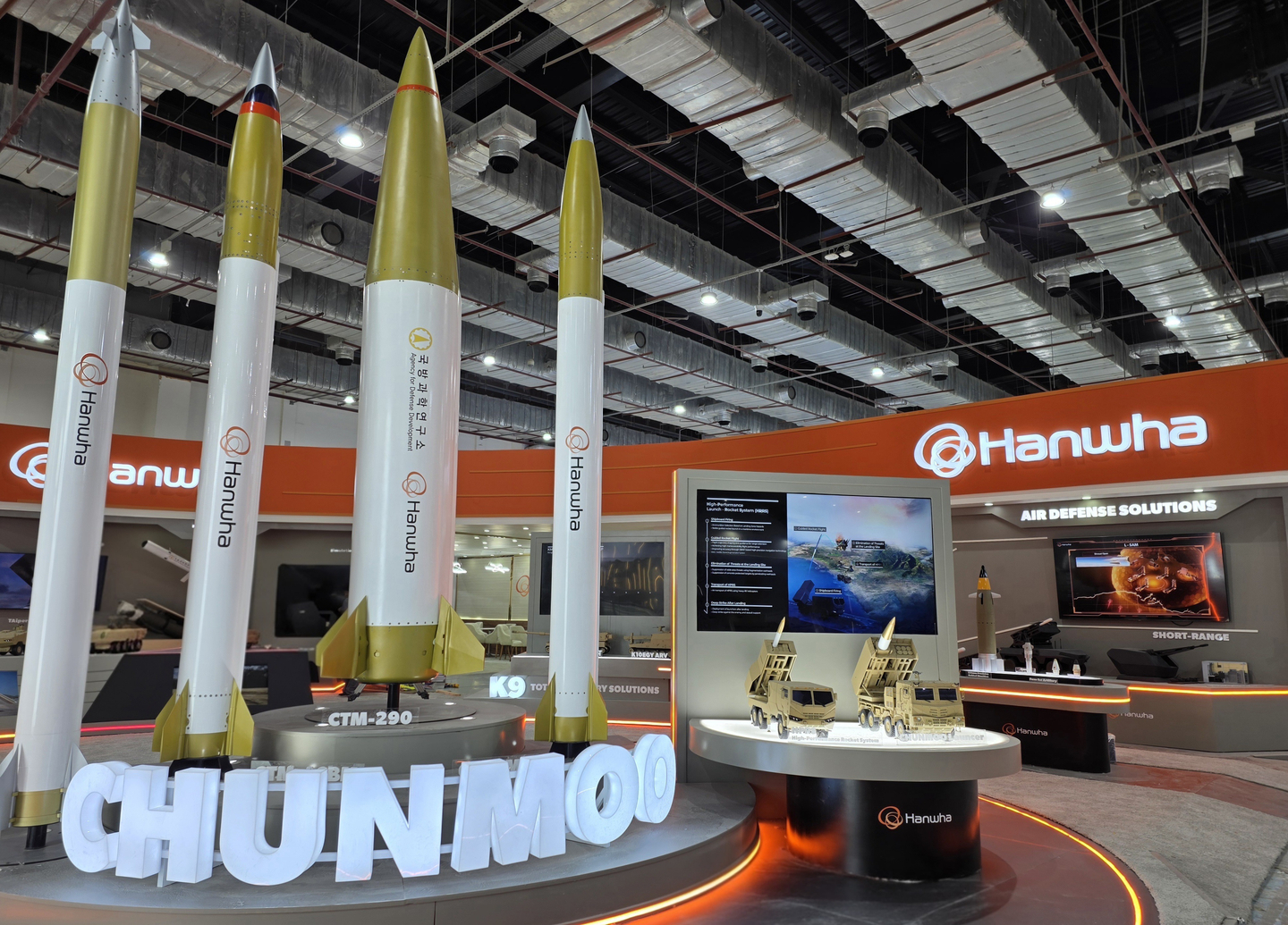 Guided missiles for its Chunmoo multiple rocket launcher system are being displayed at the company's booth for the Egypt Defence Expo 2025, scheduled to kick off in Cairo on Dec. 1.  [HANWHA AEROSPACE CO.] 
