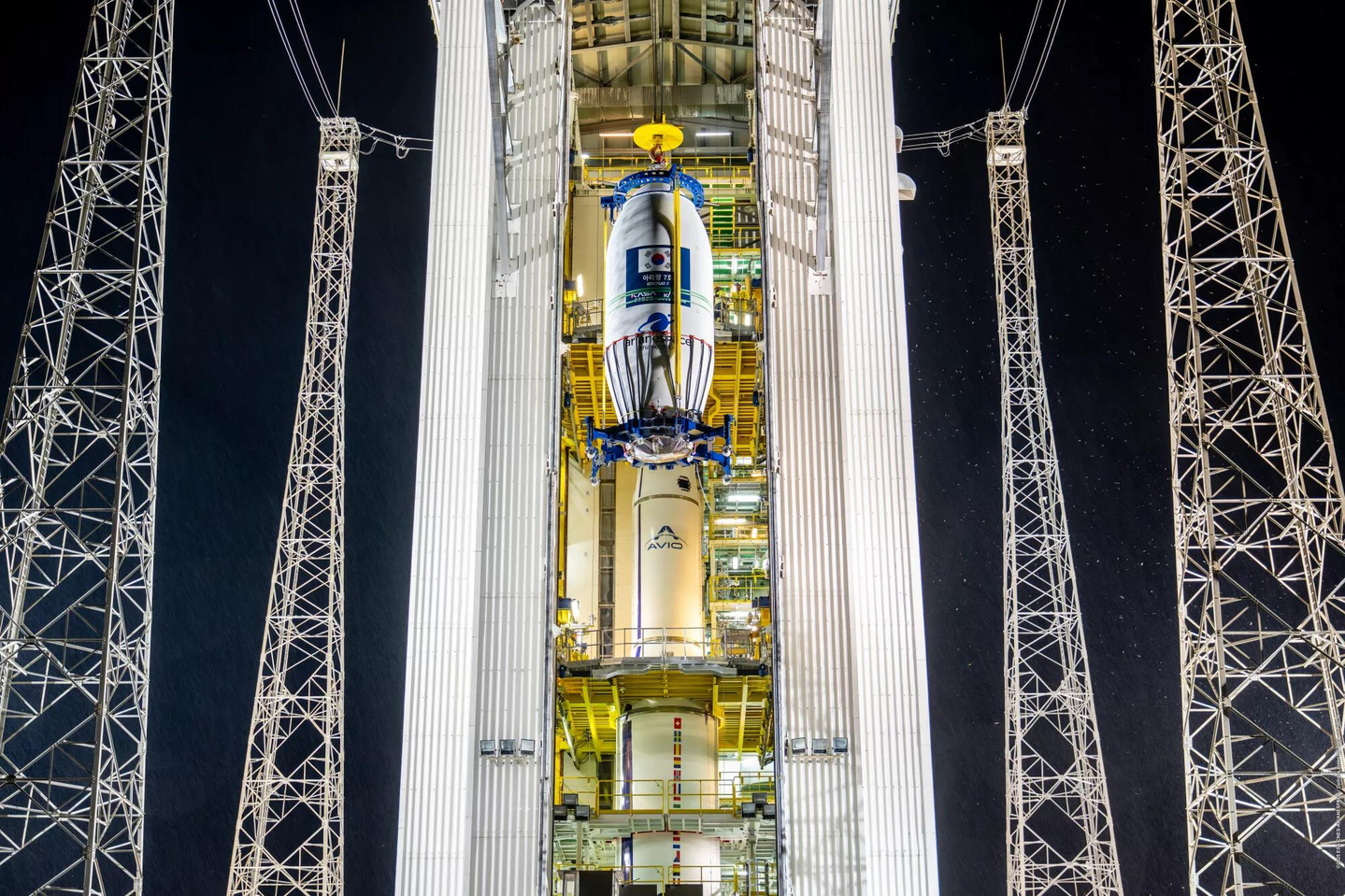 This photo, provided by Arianespace on Dec. 1, shows the Vega-C rocket with the Arirang 7 satellite at the Guiana Space Centre in French Guiana. [ARIANESPACE] 