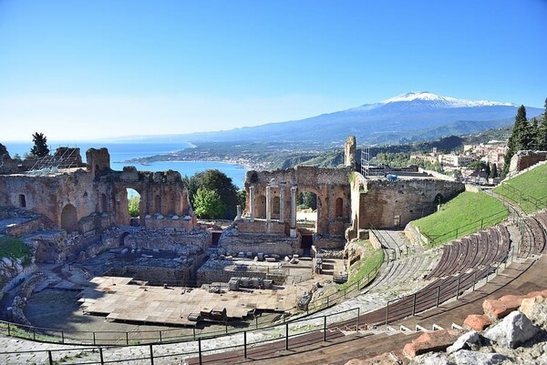 The ancient theater of Taormina on the island of Sicily, Italy [WIKIPEDIA]