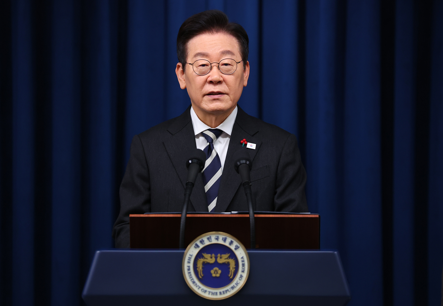 President Lee Jae Myung delivers an address at the presidential office in Yongsan District, central Seoul, on Dec. 3, the first anniversary of former President Yoon Suk Yeol's declaration of martial law on the same date in 2024.[YONHAP]