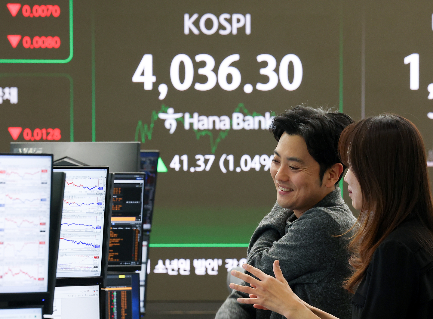 The trading room of Hana Bank in central Seoul shows the Kospi closing up 41.37 points, or 1.04 percent, at 4,036.30 on Dec. 3. [YONHAP] 