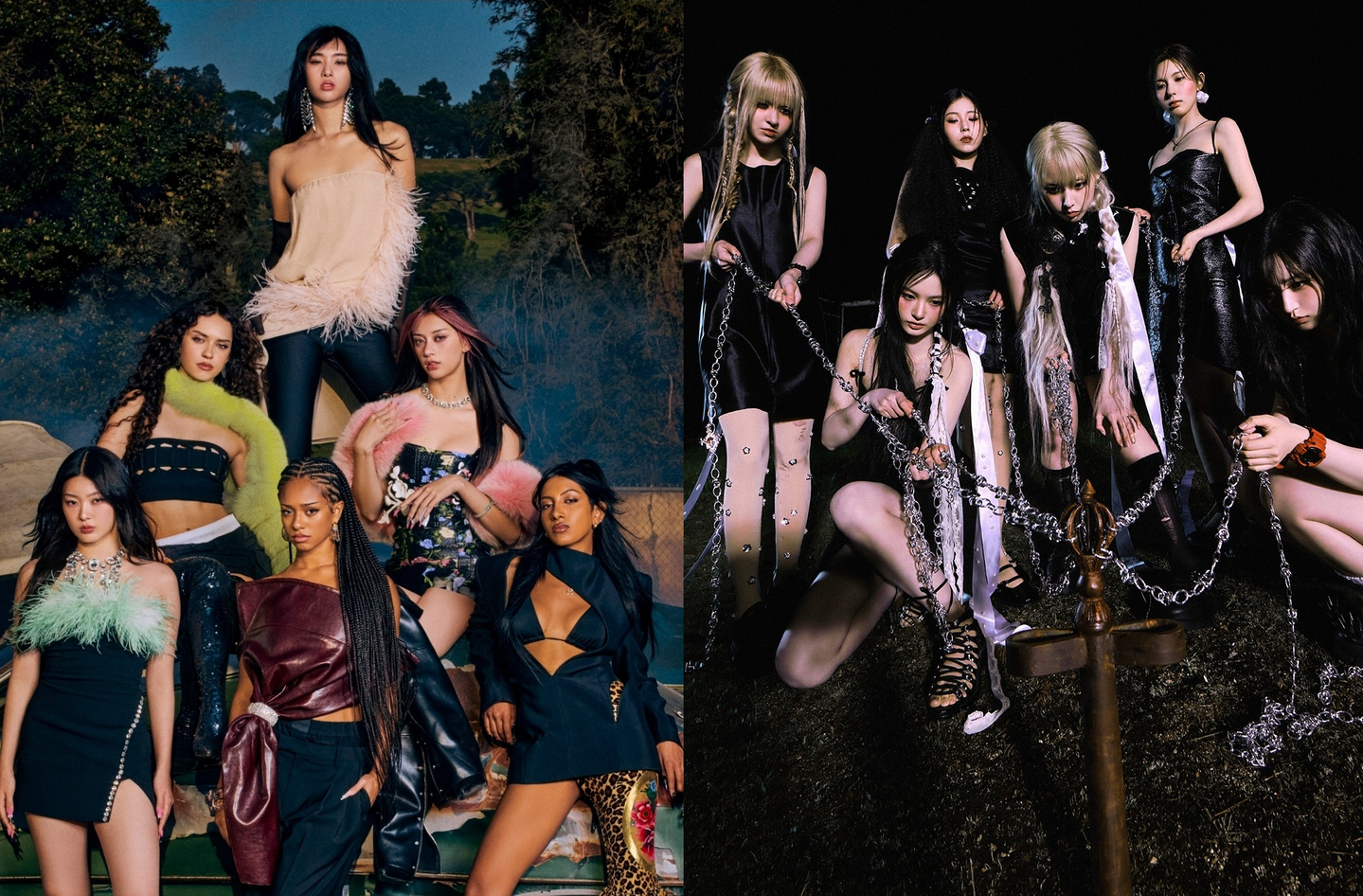 Girl groups Katseye, left, and NMIXX [HYBE, JYP ENTERTAINMENT]