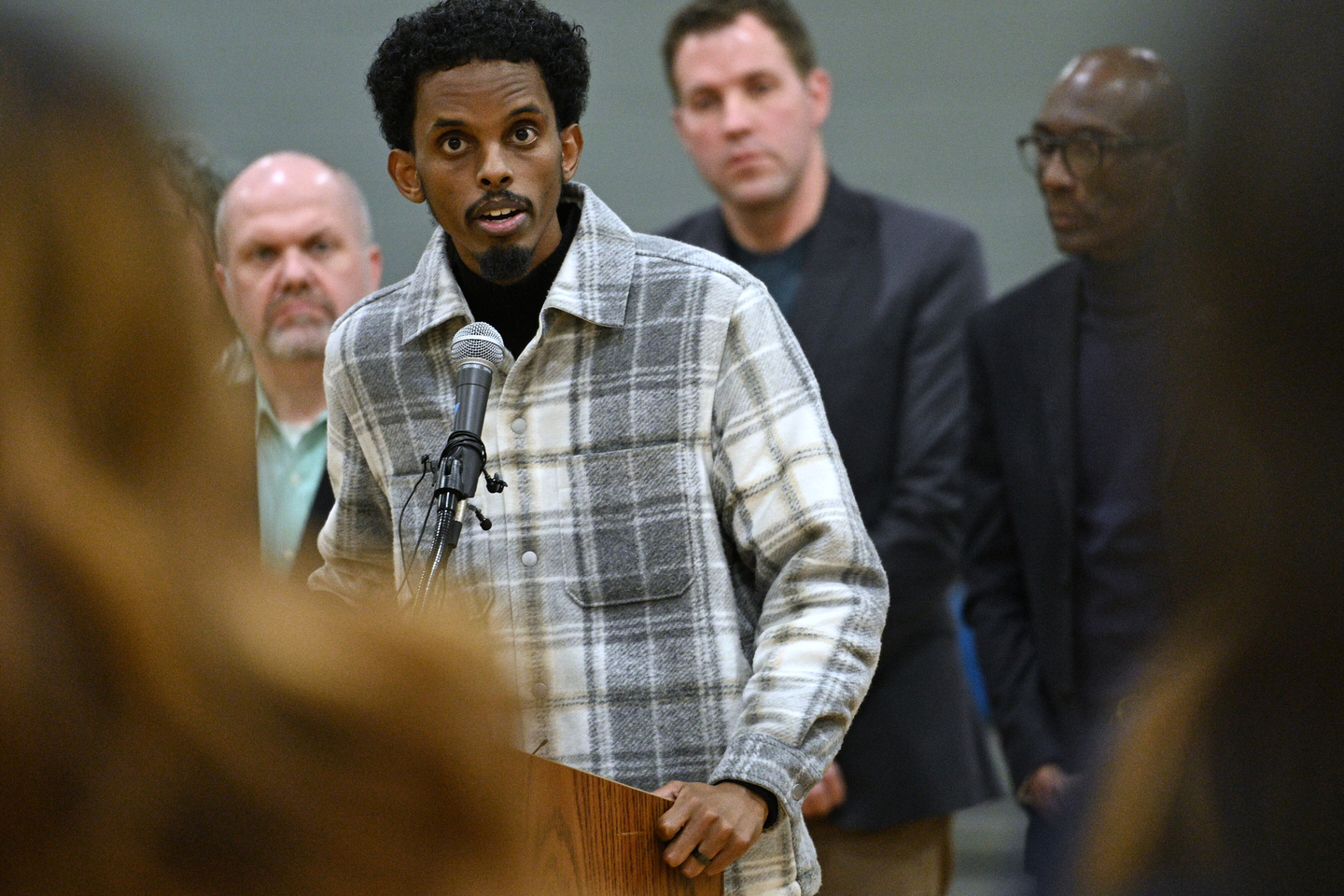 State Sen. Omar Fateh, DFL-Minneapolis, speaks during a news conference at Coyle Community Center in Minneapolis, Minnesota, as community leaders react to the immigration enforcement efforts aimed at Somalians recently announced by the Trump administration, Dec 5. [AP/YONHAP]