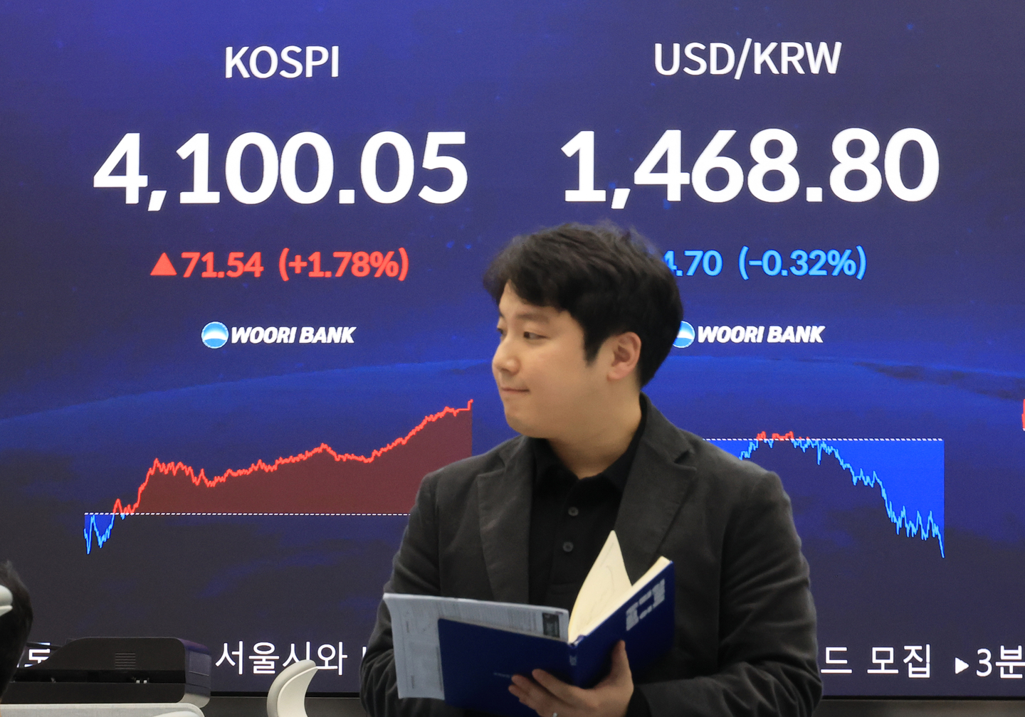 A screen at Woori Bank's trading room in central Seoul shows the Kospi closing at 4,100.05 points on Dec. 5, up 71.54 points, or 1.78 percent, from the previous trading session. [YONHAP]