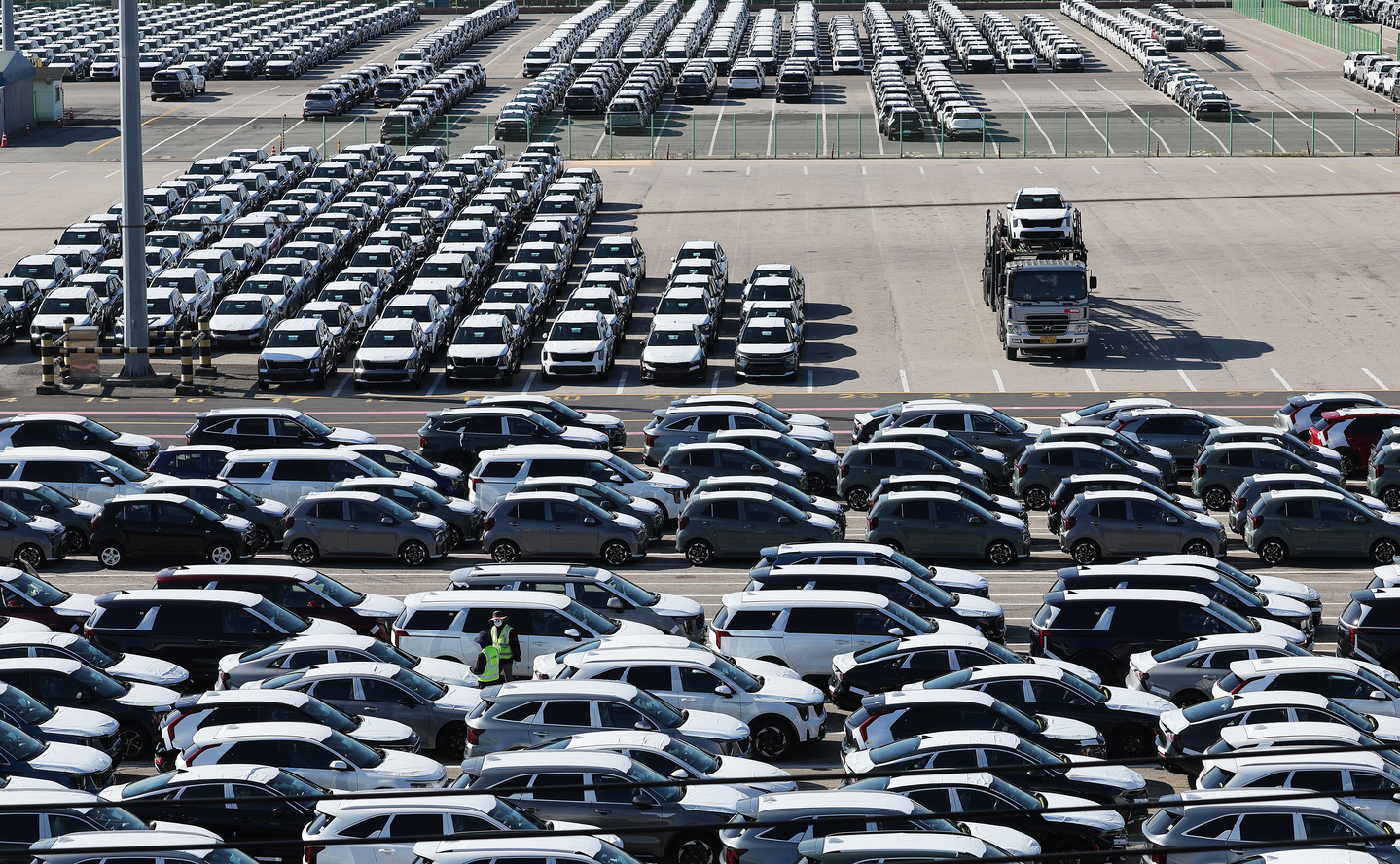 Cars ready for export are seen parked at a port in Pyeongtaek, Gyeonggi on Nov. 14. [YONHAP]
