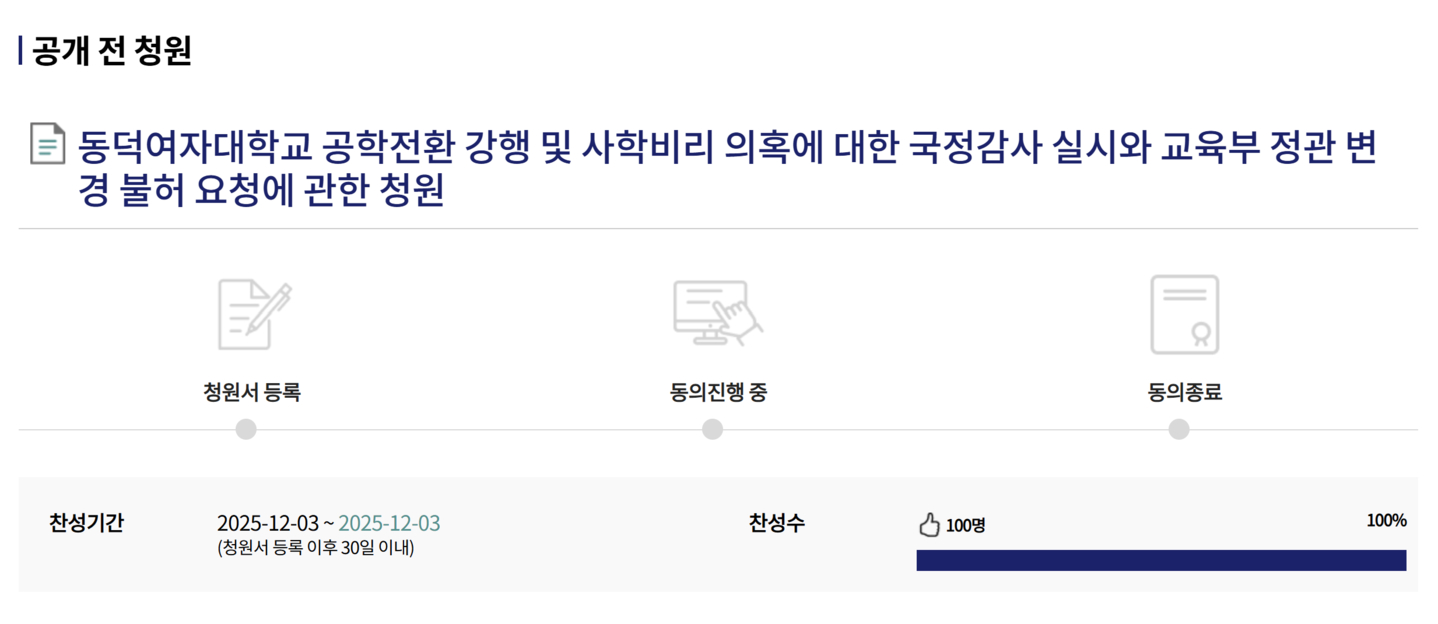 A petition on the official government portal urging the Ministry of Education to reject the revision of Dongduk Women’s University’s school regulations [SCREEN CAPTURE]