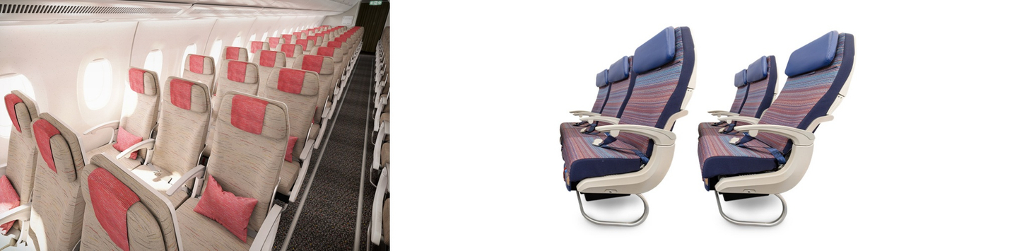 Seats on Asiana Airlines' flagship A350 aircraft, left, to be changed to the seats of the same size on Korean Air planes [EACH COMPANY]