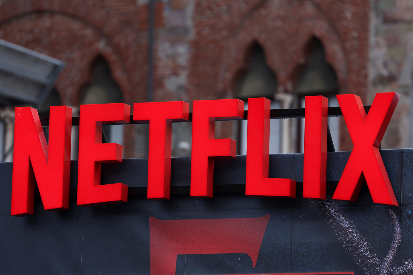 A Netflix logo is on display at the Lucca Comics & Games 2025 event, one of Europe's largest pop culture conventions, as stars and creators of ″Stranger Things″ series launch Season 5 in Lucca, Italy, on Oct. 31. [REUTERS/YONHAP]