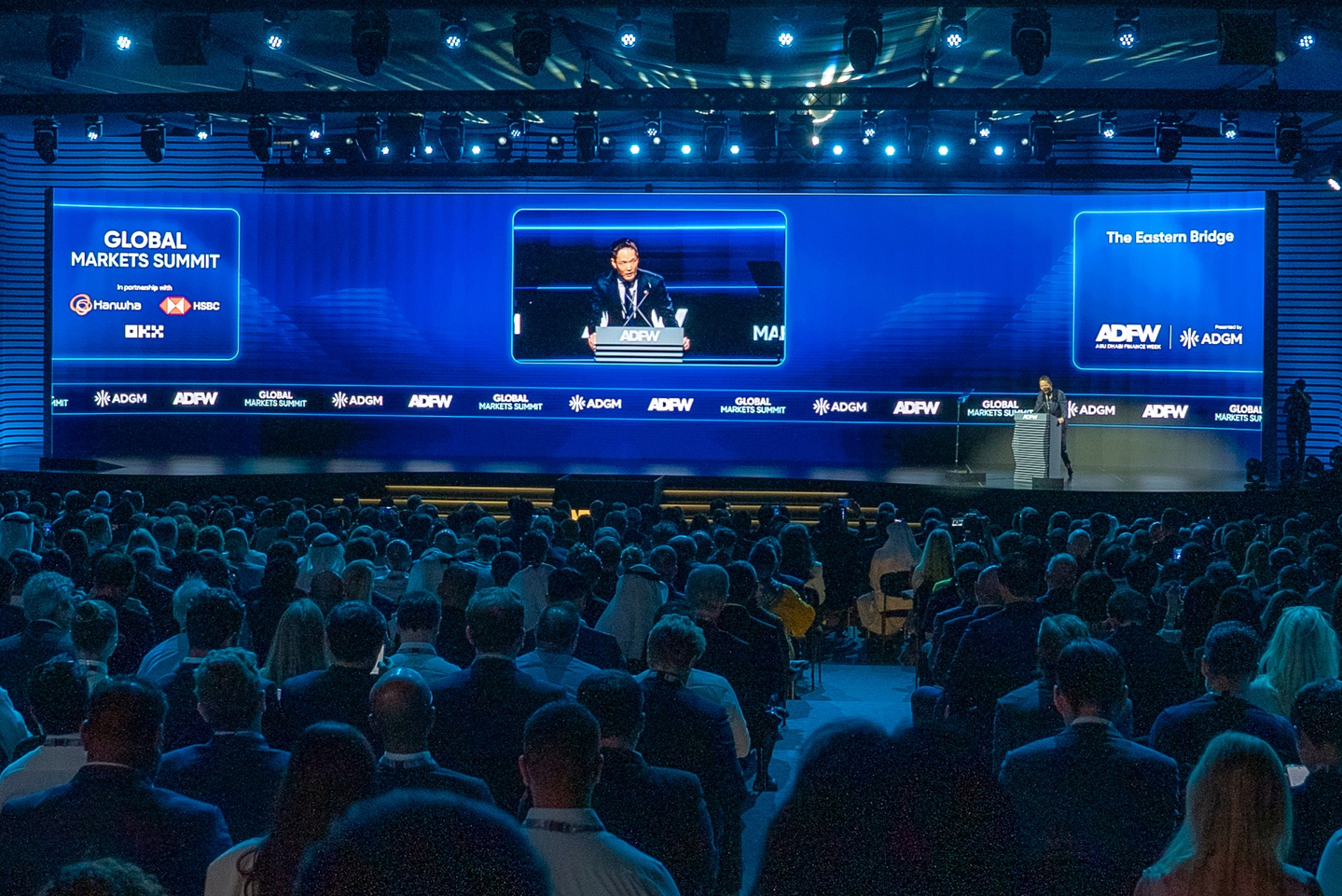 Kim Dong-won, chief global officer of Hanwha Life, delivers an opening address at the Global Markets Summit as part of Abu Dhabi Finance Week 2025 on Dec. 8. [HANWHA LIFE]