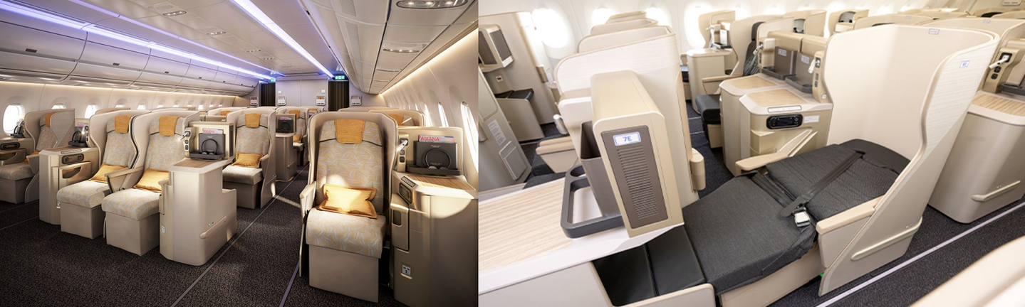 Seats on Asiana Airlines' flagship A350 aircraft, left, to be changed to the seats of the same size on Korean Air planes [EACH COMPANY]