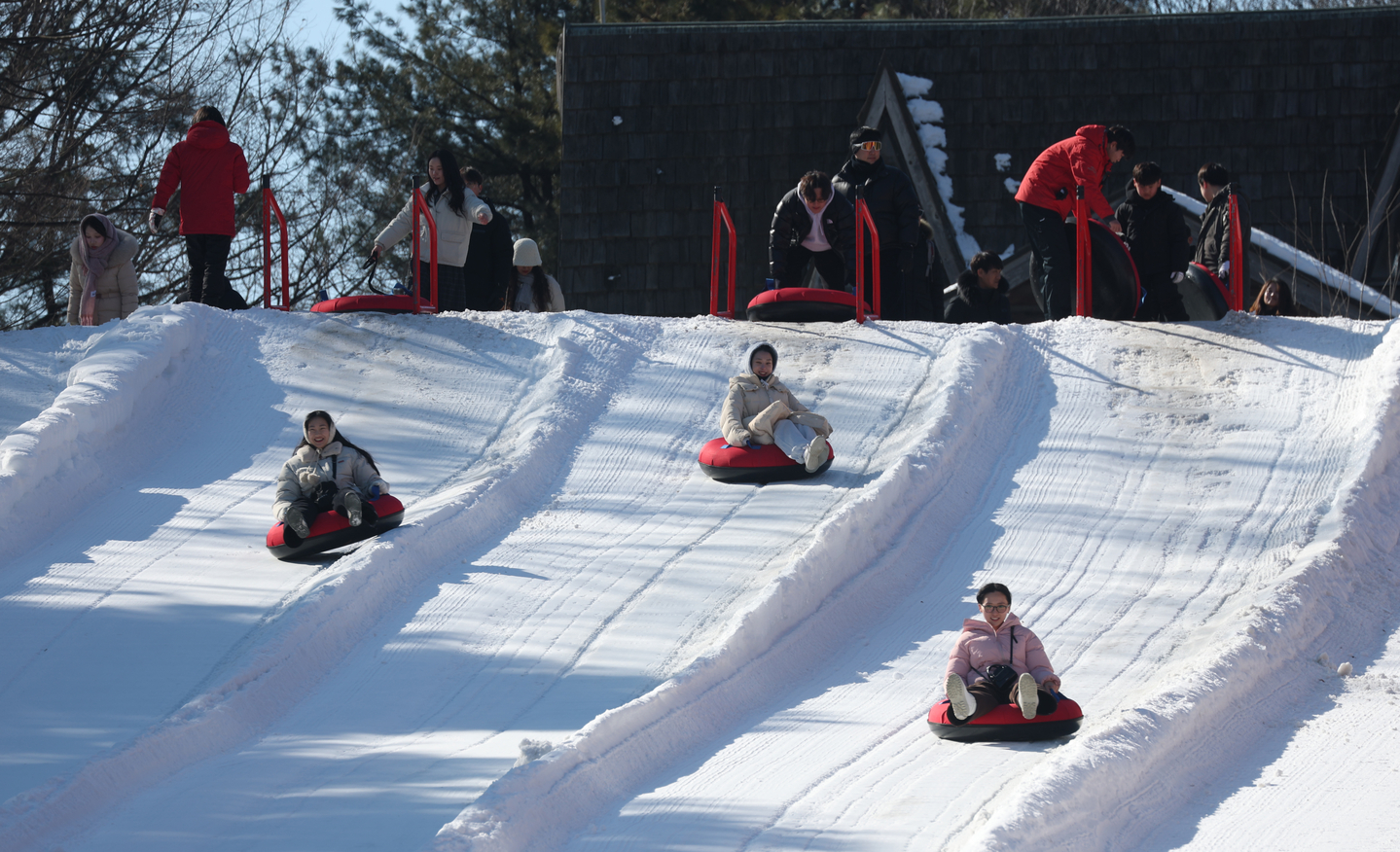Visitors to a snow sledding range are seen enjoying rides in Yongin, Gyeonggi on Feb. 9. [NEWS1]