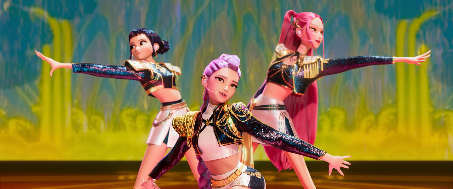 This image released by Netflix shows characters Zoey, from left, Rumi and Mira in a scene from ″KPop Demon Hunters.″ [AP/YONHAP]