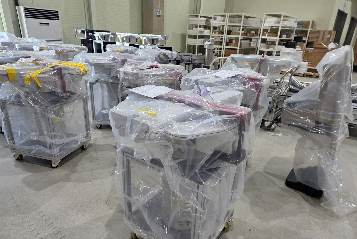 Wafer transfer robot equipment is stored at Dream Logistics' warehouse in Pyeongtaek, Gyeonggi, on Dec. 9. [LEE GA-RAM]