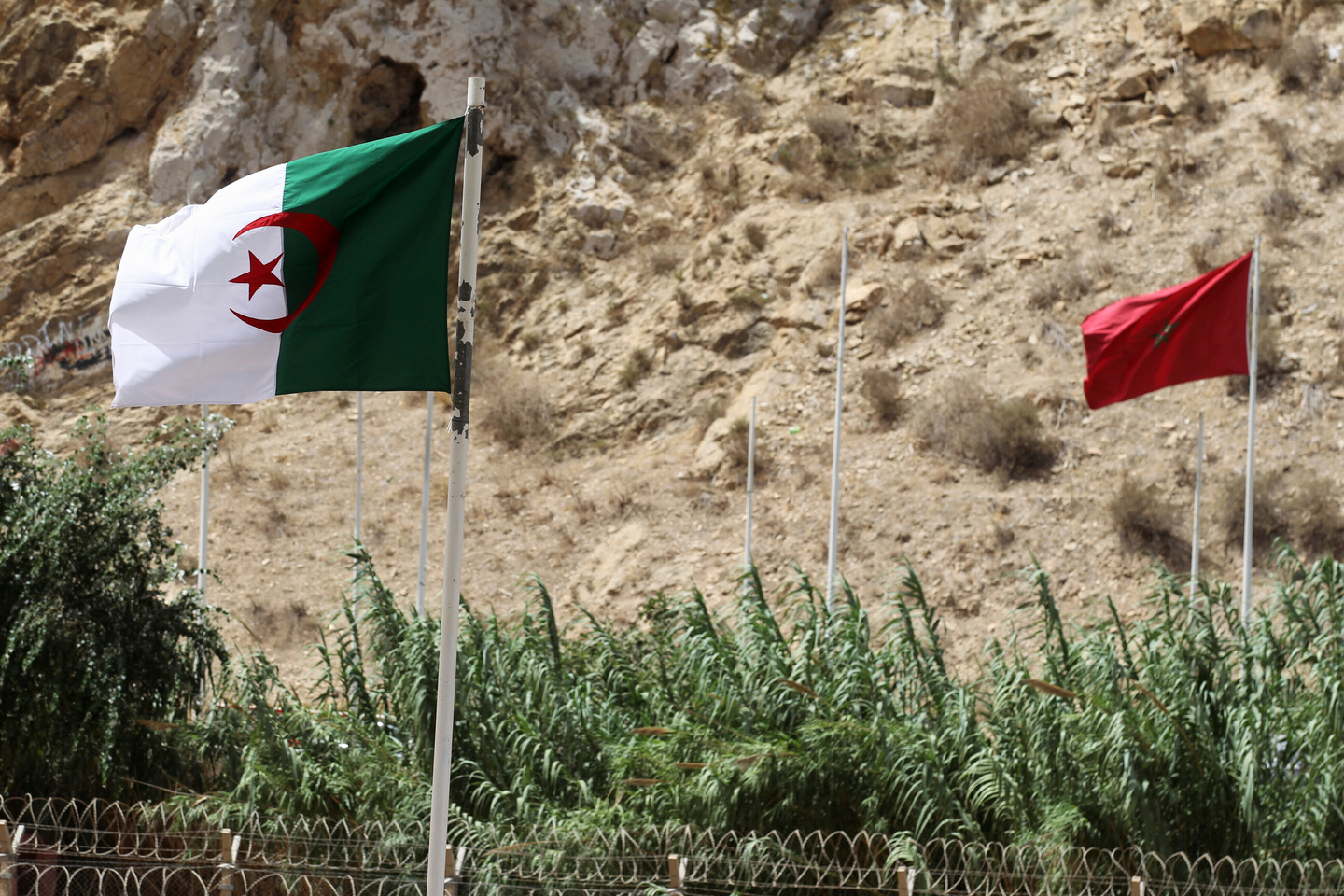 A view of Algerian and Moroccan flags along the closed border with Morocco, in the town of Marsa Ben M'Hidi, Algeria, Aug. 11, 2023. [AP/YONHAP]