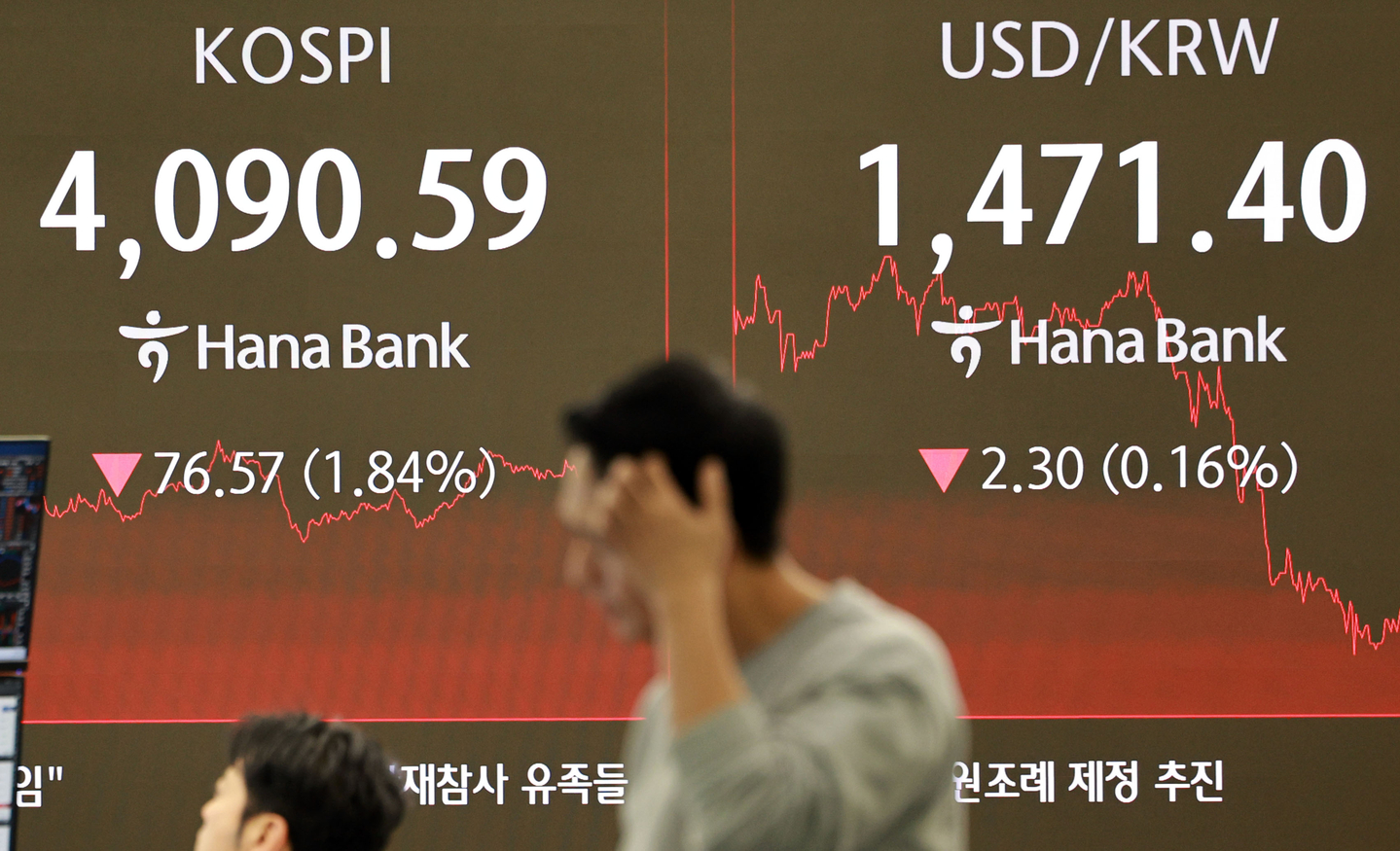 A screen in Hana Bank's trading room in central Seoul shows the Kospi closing at 4,090.59 points on Dec. 15, down 76.57 points, or 1.84 percent, from the previous trading session. [YONHAP]