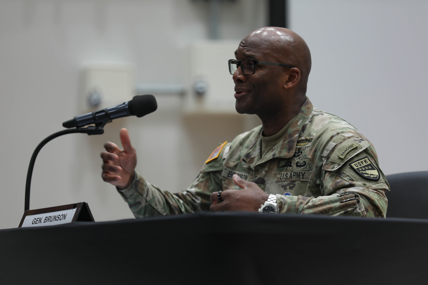 This Aug. 8 file photo provided by the U.S. Forces Korea (USFK) shows USFK Commander Gen. Xavier Brunson speaking to reporters during a press conference at Camp Humphreys in Pyeongtaek, Gyeonggi. [USFK]