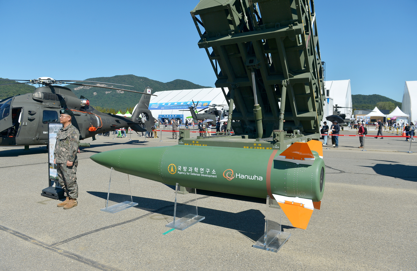 The Korean Tactical Surface-to-Surface Missile, or KTSSM, is seen during a ceremony at the Gyeryongdae Emergency Landing Strip in Gyeryong, South Chungcheong, on Oct. 4, 2024. [JOONGANG ILBO] 