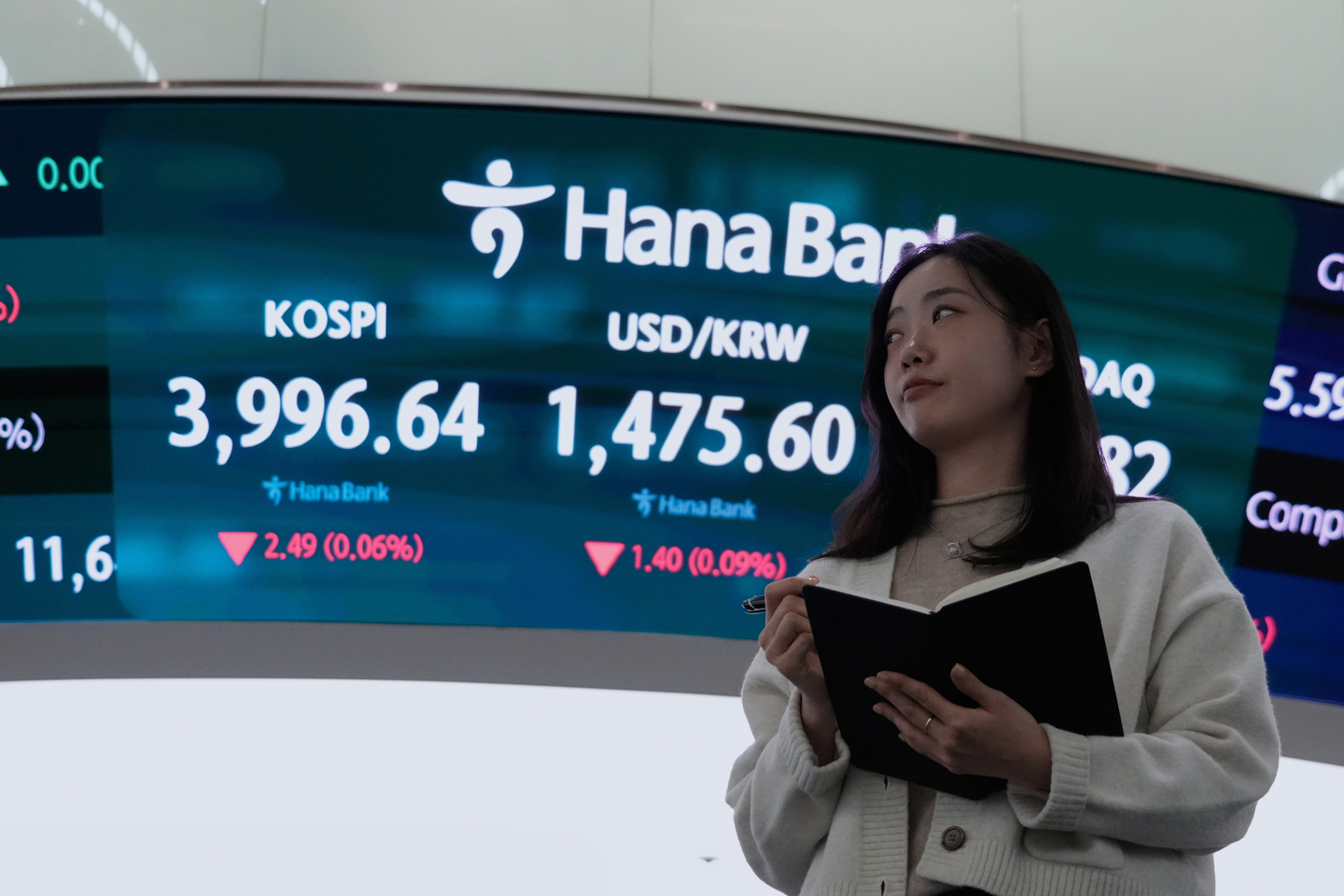 A trader stands near a screen showing the Kospi, top left, and the foreign exchange rate between dollar and won at the foreign exchange dealing room of the Hana Bank headquarters in central Seoul on Dec. 17. [AP/YONHAP] 