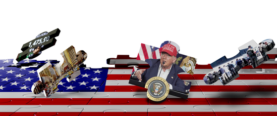 From left: An electronic board on Nov. 21 shows a steep depreciation of the Korean won against the dollar; A street of Manhattan in New York; U.S. President Donald Trump announces a new detention center in Florida; An immigration raid of Korean workers at the Hyundai Motor-LG Energy Solution vehicle assembly plant in Georgia. [YONHAP, REUTERS]