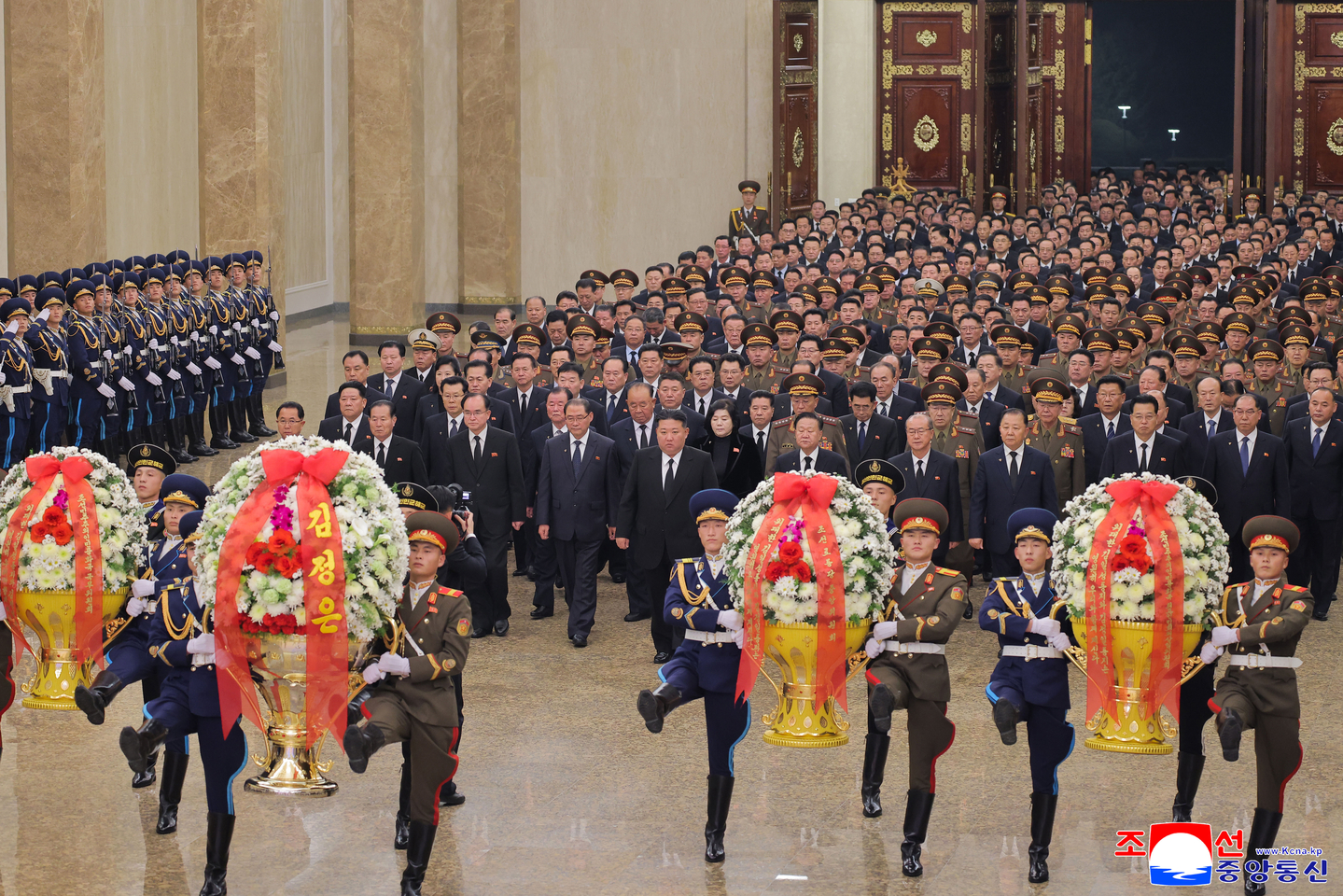 North Korean leader Kim Jong-un and other senior officials from the ruling Workers' Party and military visit the Kumsusan Palace of the Sun in Pyongyang as the North marks the 14th anniversary of former leader Kim Jong-il's death. Kim Jong-un visited at midnight on Dec. 16, state-run media reported. [KOREAN CENTRAL NEWS AGENCY]