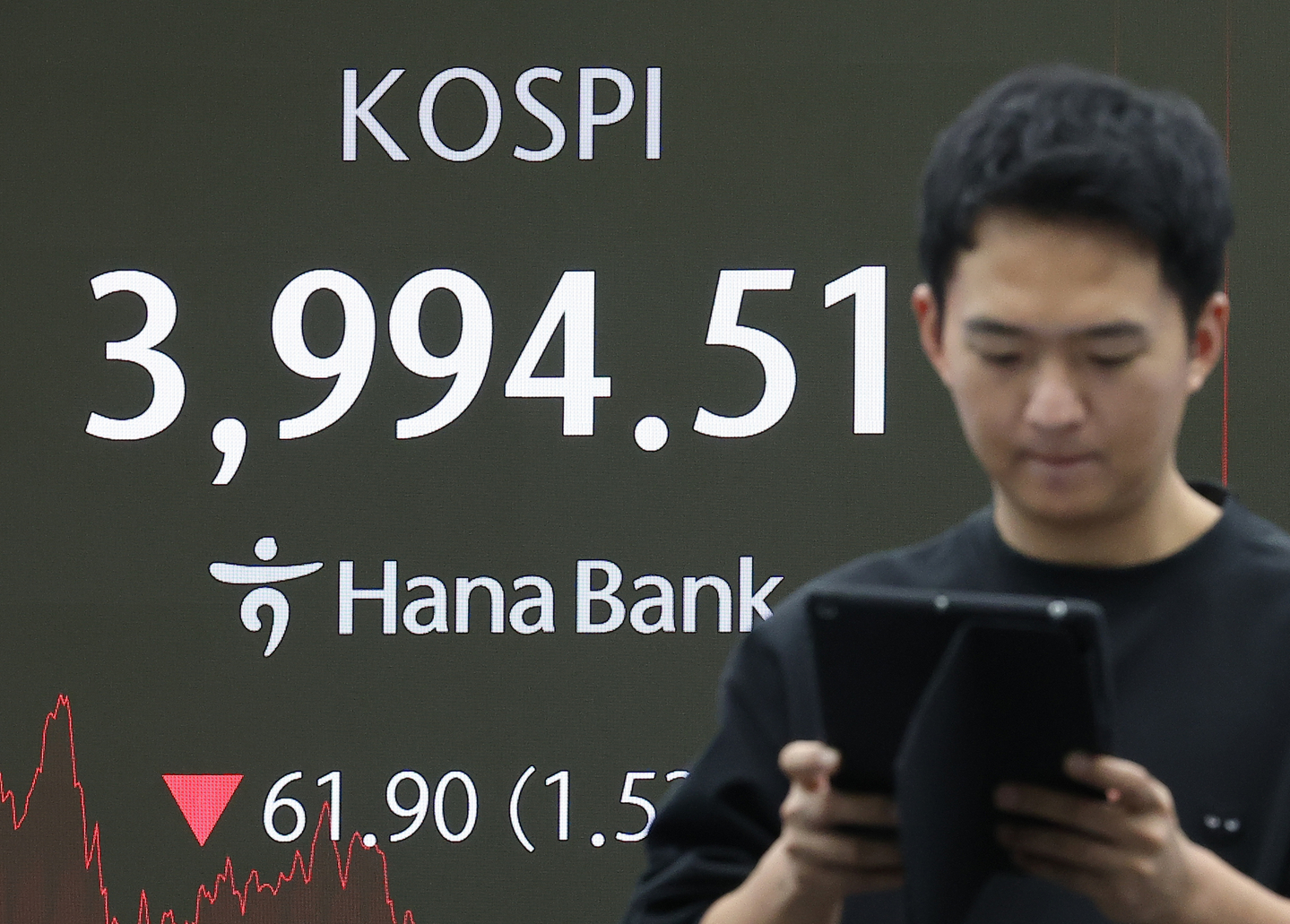 The closing benchmark of the Kospi is displayed on a screen inside the dealing room of Hana Bank in central Seoul, on Dec. 18. [YONHAP] 