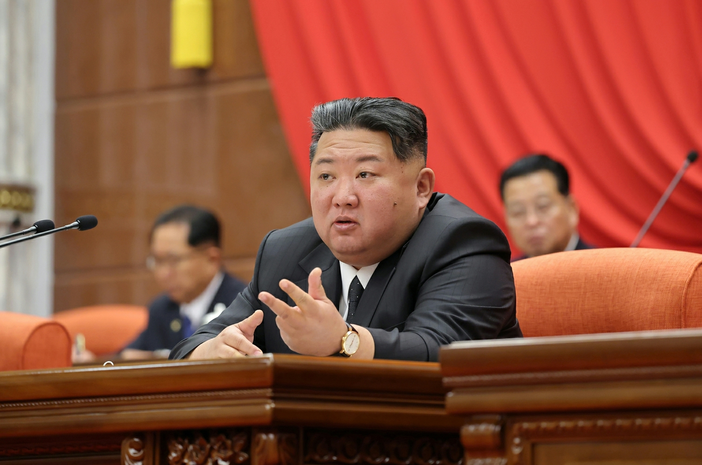 Kim Jong-un speaks at an expanded plenary meeting of the 8th Central Committee of the Workers’ Party of Korea held from Dec. 9 to 11, in this photo released by the Rodong Sinmun on Dec. 12. [RODONG SINMUN]