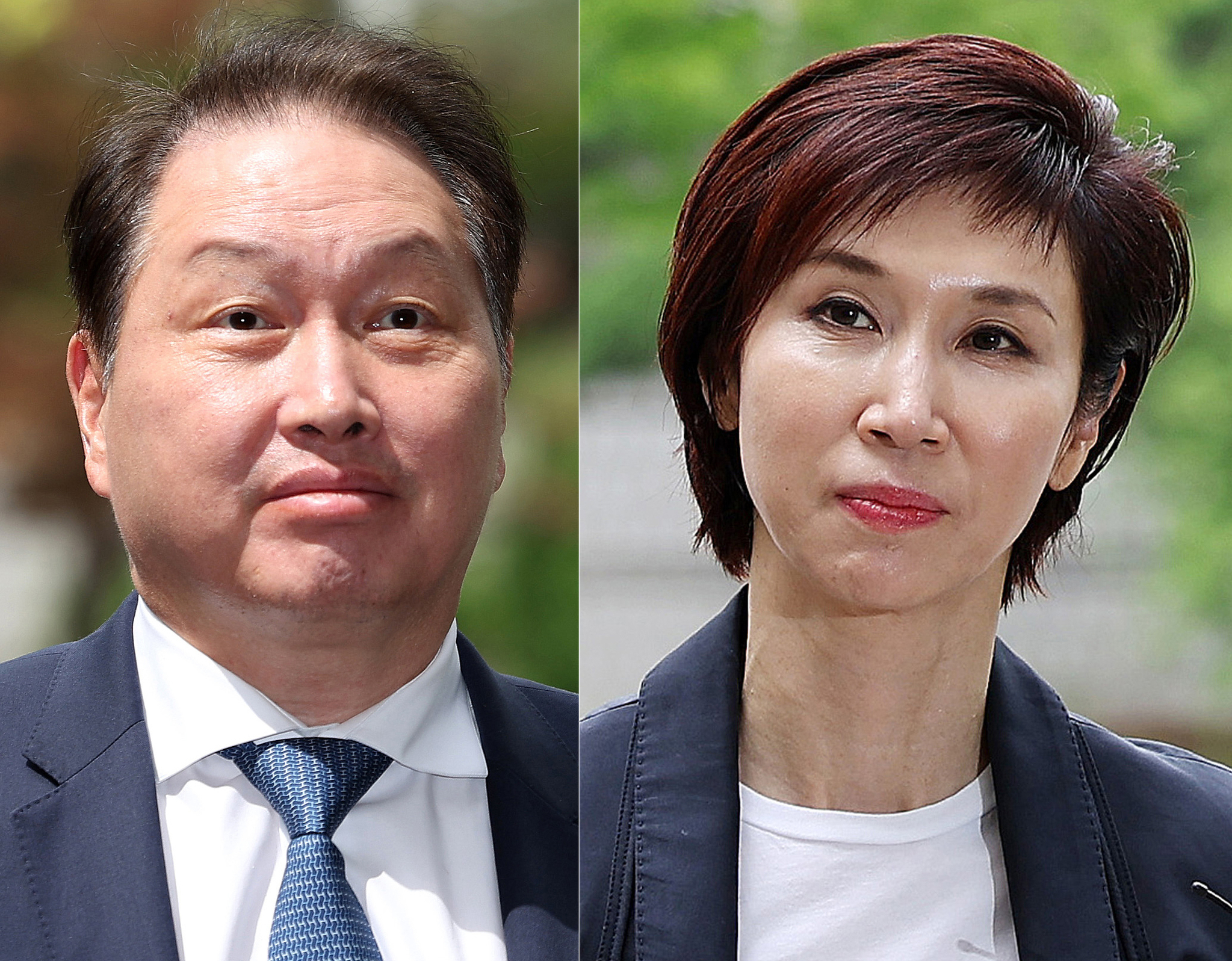 SK Group Chairman Chey Tae-won, left, and Art Center Nabi Director Roh Soh-yeong attend a hearing held at the Seoul High Court in Seocho District, southern Seoul, on April 16, 2024. [NEWS1]