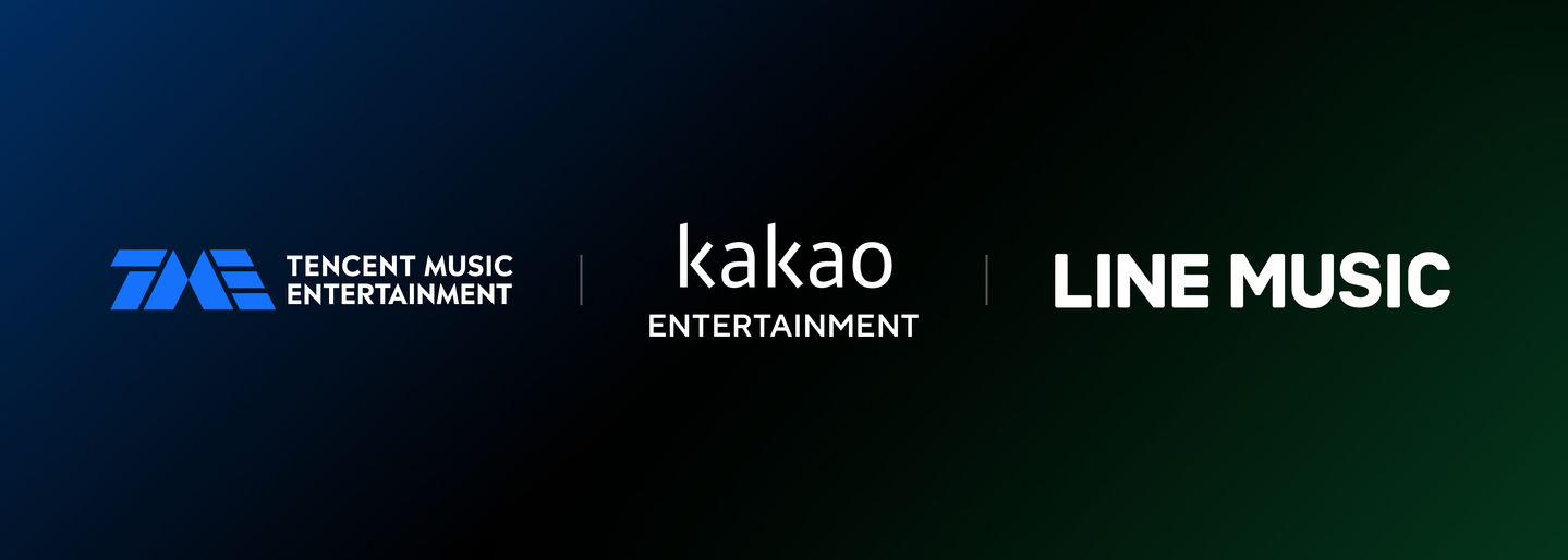 From left, logos for Tencent Music Entertainment, Kakao Entertainment and Line Music [KAKAO ENTERTAINMENT]
