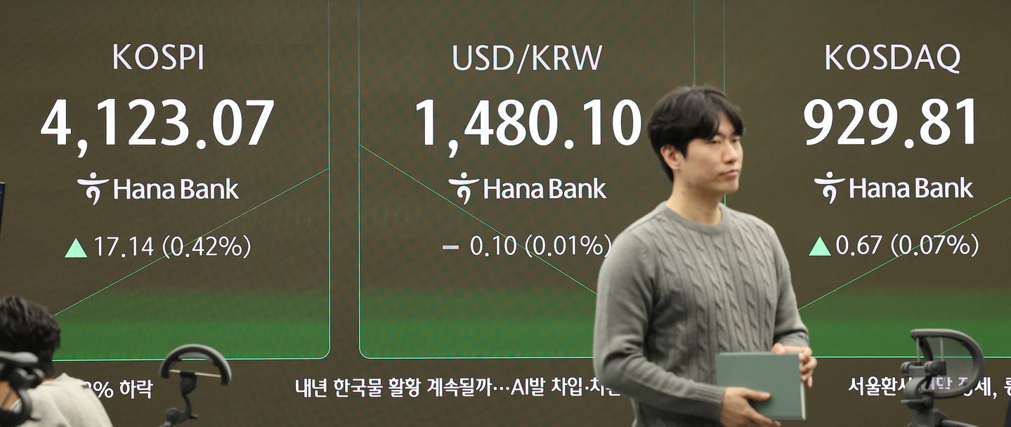 A digital board at Hana Bank’s headquarters in central Seoul displays the Kospi on Dec. 23. [YONHAP]