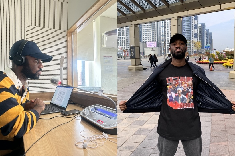 From left: Jason Addy practices interpretation in a booth as part of his training; Jason Addy poses for a photo wearing a T-shirt that reads "Daegu-born." [JASON ADDY, HWANG IN-SEON]