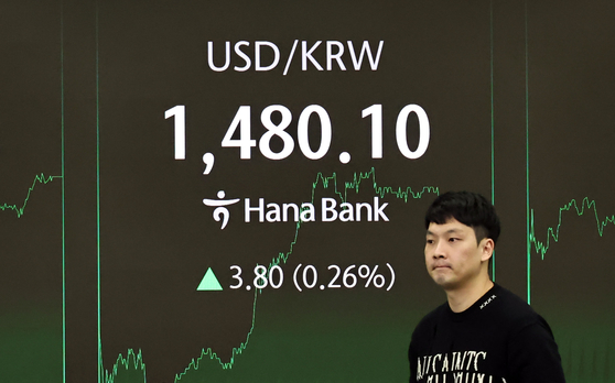 The won-dollar exchange rate appears on a display board at the Hana Bank dealing room in central Seoul on Dec. 22. [YONHAP]
