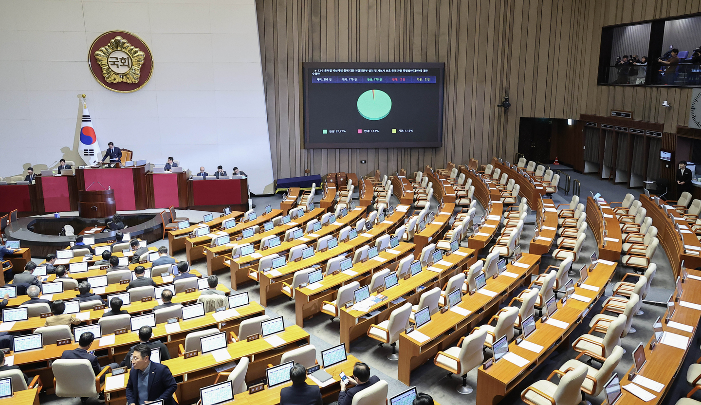 A special bill on establishing dedicated tribunals in connection with former President Yoon Suk Yeol’s Dec. 3 martial law declaration is passed after an all-night filibuster during a plenary session of the National Assembly in Yeouido, western Seoul, on Dec. 23. [LIM HYUN-DONG]