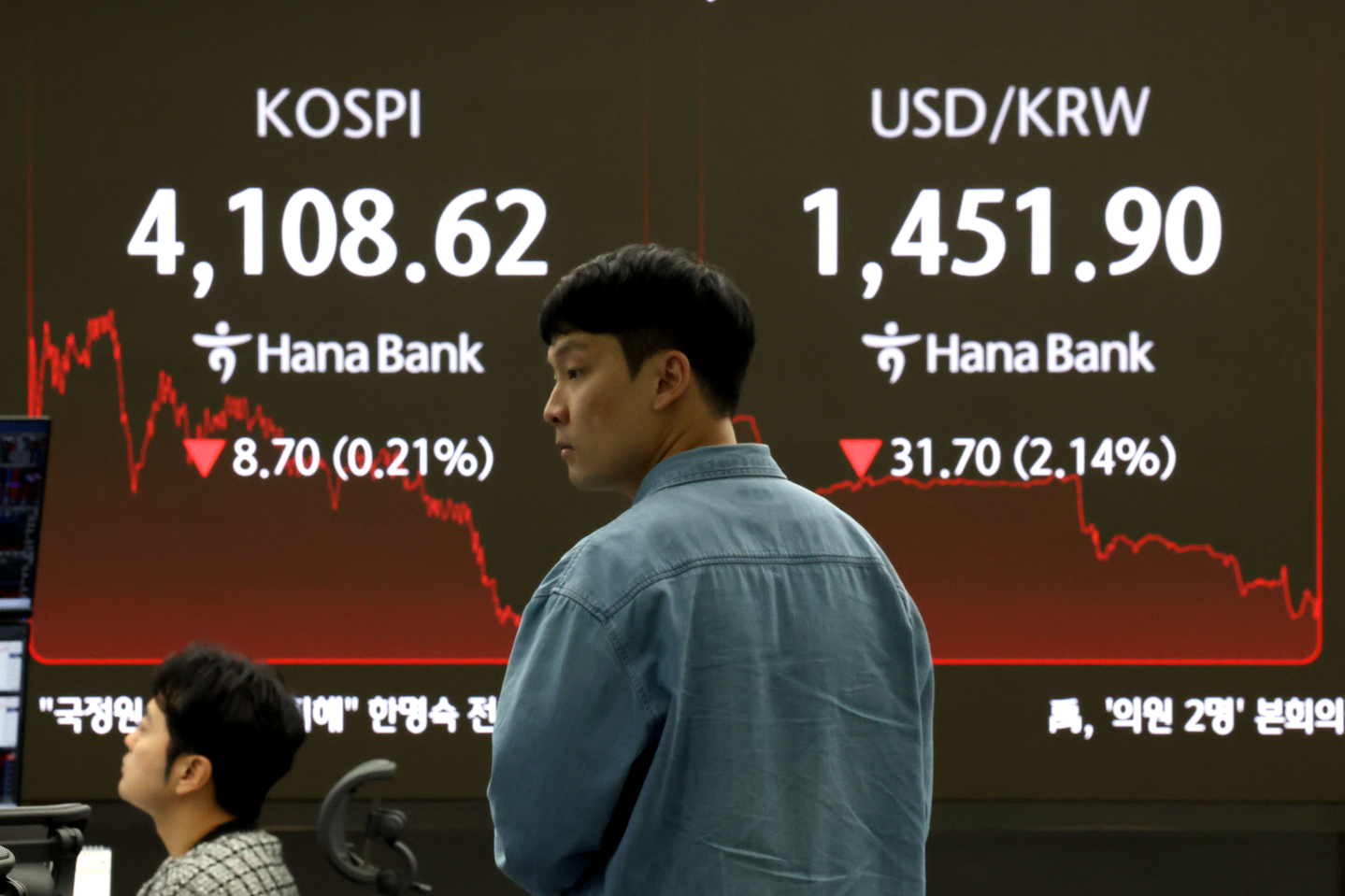 A screen in Hana Bank's trading room in central Seoul shows the Kospi closing at 4,108.62 points on Dec. 24, down 8.7 points, or 0.21 percent, from the previous trading session. [NEWS1] 